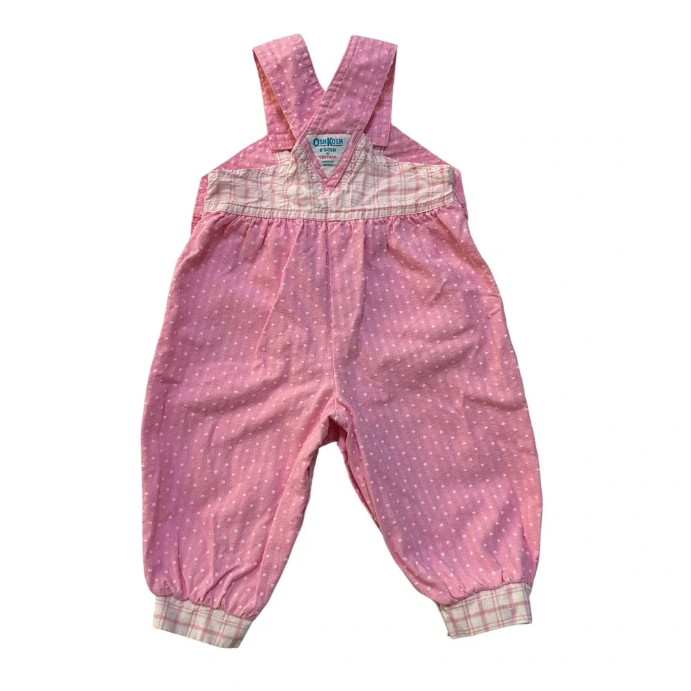 Vintage OshKosh Vestbak Pink Plaid Polka Dot Romper Overalls 18M Bubble USA Made